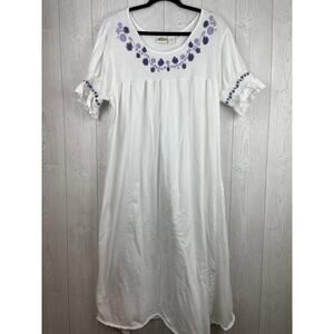 Collections Etc Vntg White/Purple Floral 100%Cotton Embroidered Nightgown Sz XXL